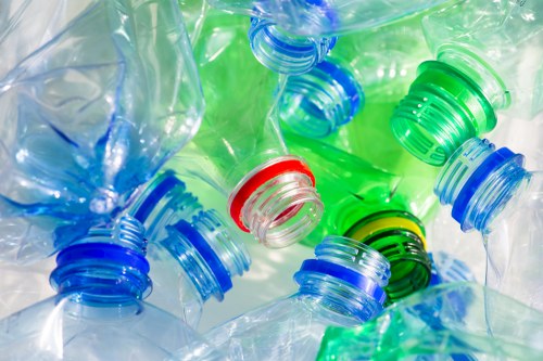 Close-up view of multiple crumpled plastic bottles with green, blue, and clear transparent finishes, some with coloured caps including red, green, and blue. The bottles are piled together on a reflective surface, displaying a mix of textures from smooth to ridged. The background appears blurred, emphasizing the bottles' varied shapes and colors. The scene suggests waste collection of typical plastic beverage containers, relevant to rubbish removal services such as those provided by Commercial Waste Barking. The image captures an array of recyclable plastics awaiting disposal or processing, with natural light highlighting the glossy surfaces and transparency of the bottles, set in a manner that underscores the importance of proper waste segregation within a residential or commercial setting in Barking or the surrounding area.